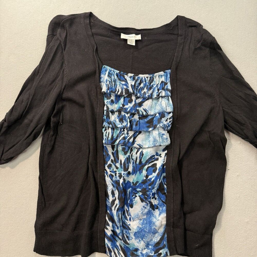 CJ Banks 2 in 1 Cardigan Top 1X Plus Ruffle Layered Blouse Black Blue Abstract